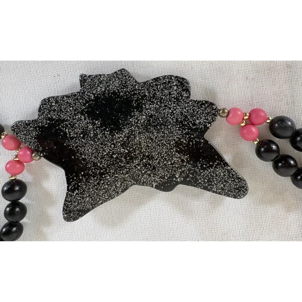 Made in Philippines Vintage Pink Floral Black Beads Necklace Matching Earrings